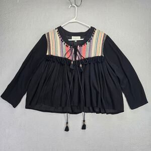 Rahi Cali Top Women's Medium Colorful Woven Tassel Tie Front Flowy Blouse Black